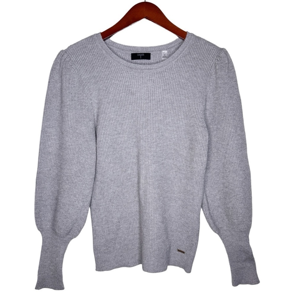 T TAHARI Puff Sleeve Ribbed Knit Crewneck Sweater Size Medium in Heather Gray